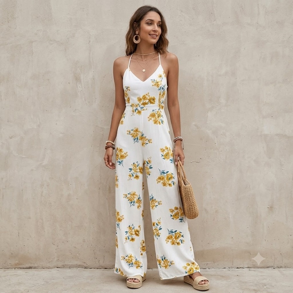 Forever 21 Floral Halter Jumpsuit Womens White Yellow Lace Up Wide Leg Medium